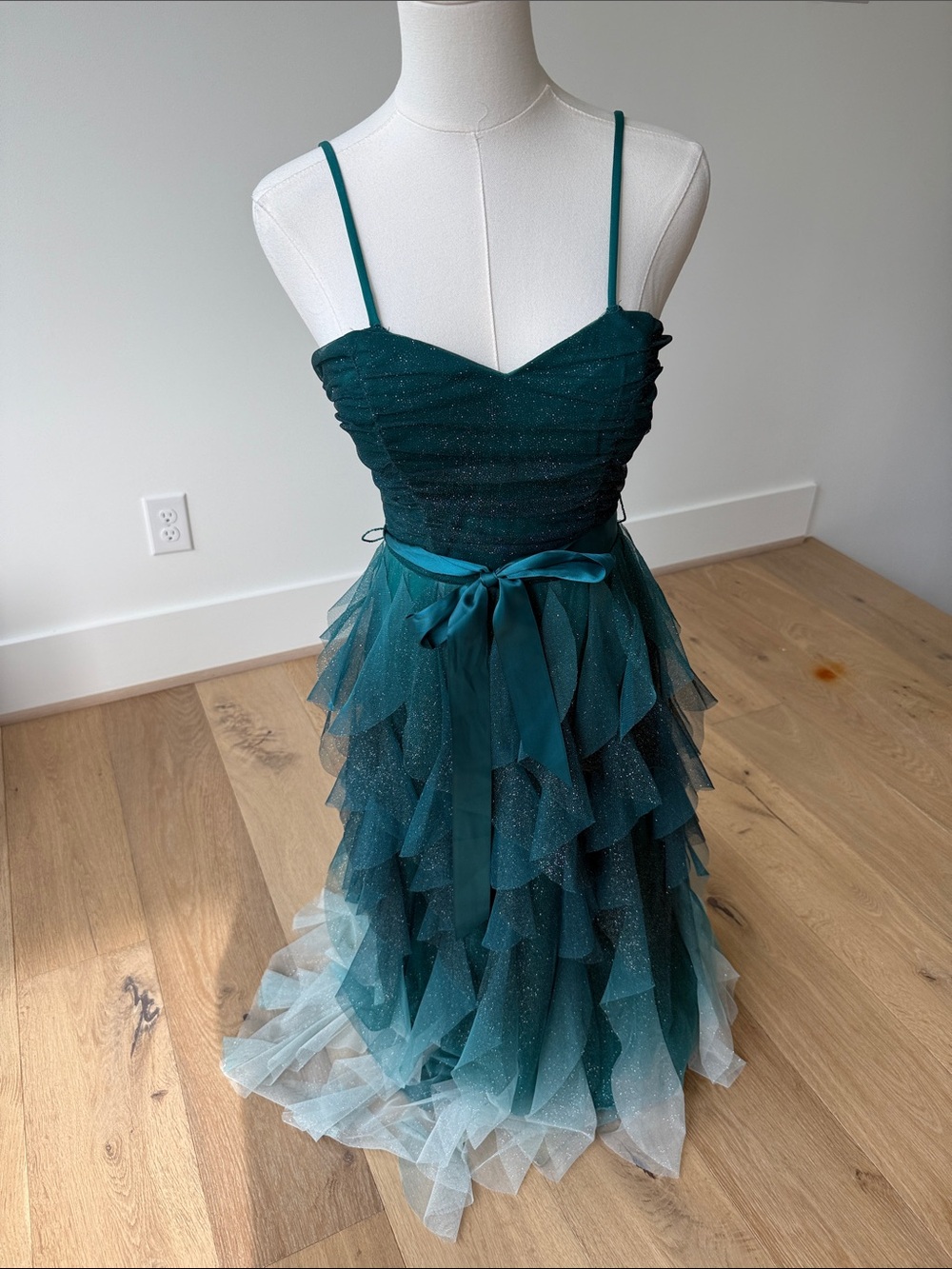 Teal Ruffled Tulle Prom Dress with Satin Bow